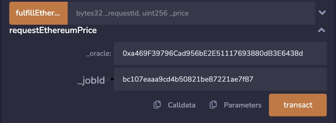 Screenshot of the requestEthereumPrice function with the oracle address and job ID specified.